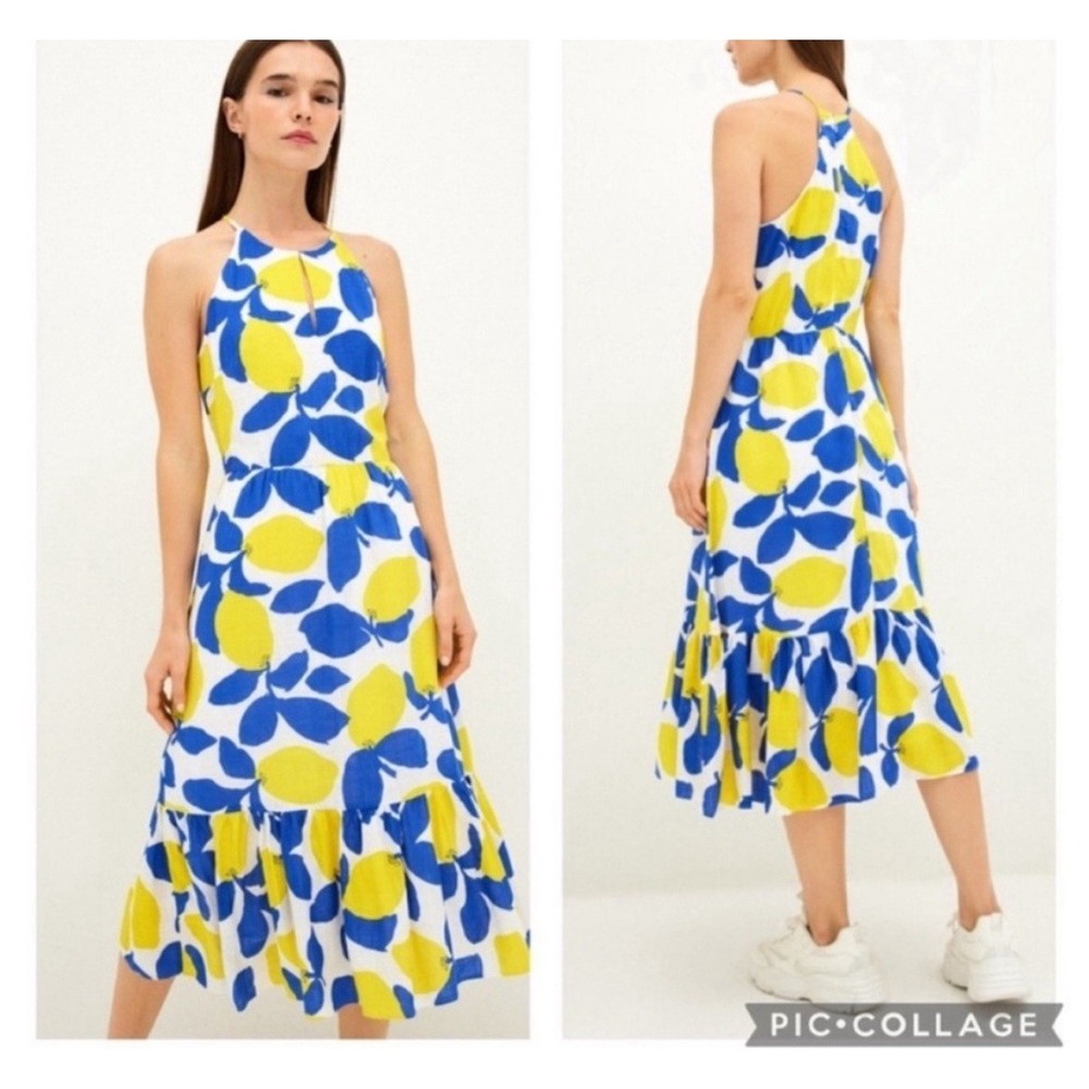 NWT $99 Ann Taylor Loft Midi Dress 0/XS Yellow Lemon Keyhole Resort Dress New